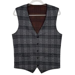 1970s Handmade Reversible Patterned Knit Vest Button Front Unisex S-M